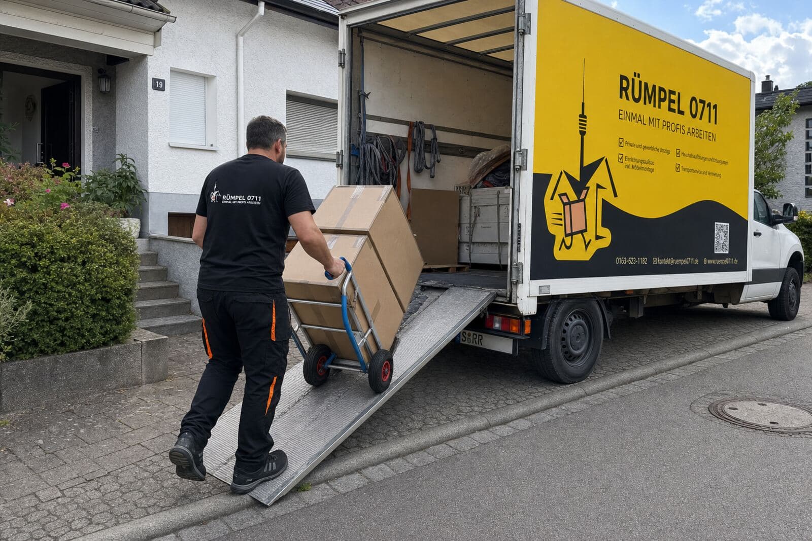 Rümpel 0711 Transporter in der Einfahrt eines Einfamilienhauses