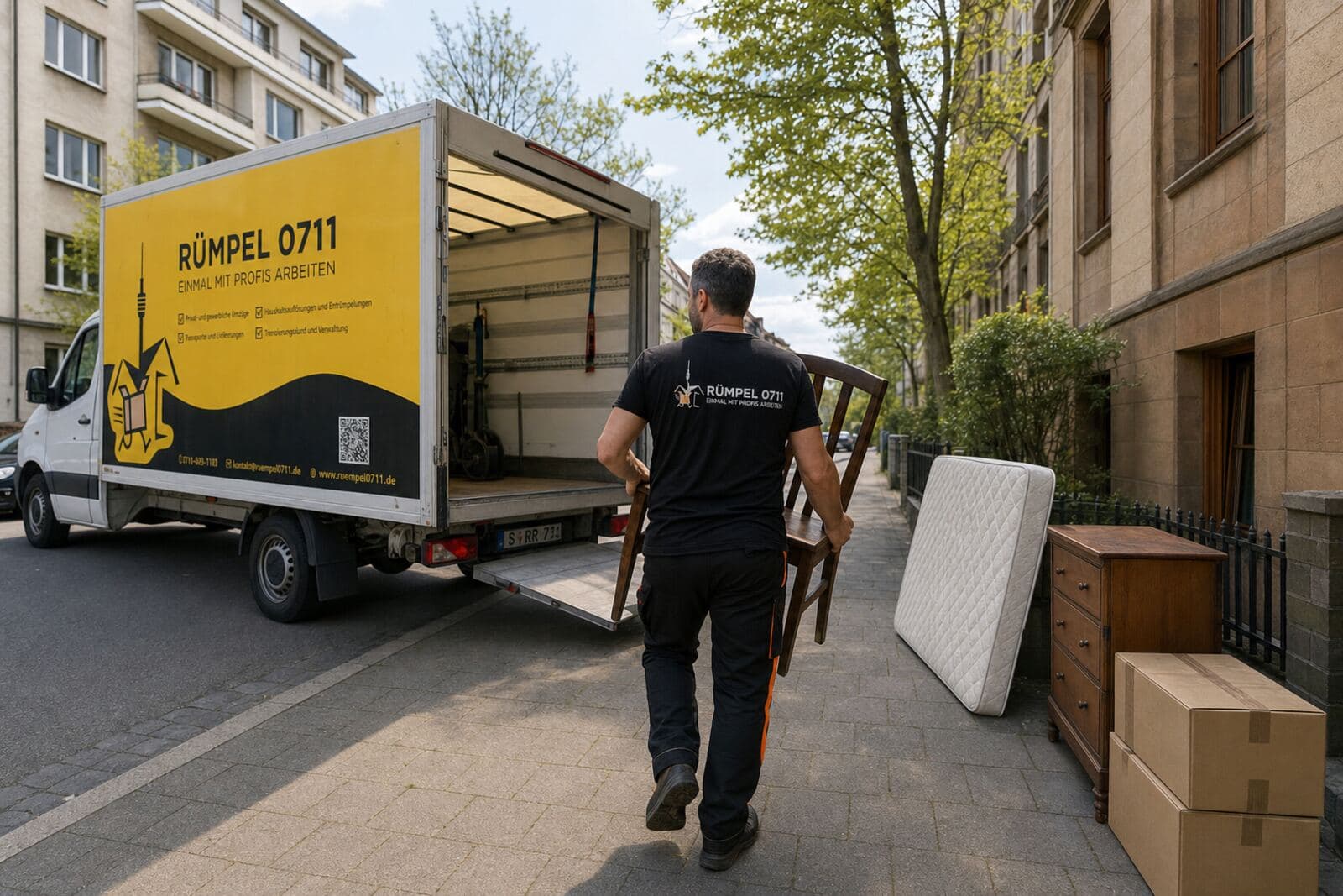 Rümpel 0711 Transporter vor einem Wohnhaus, Sperrmüll wird verladen